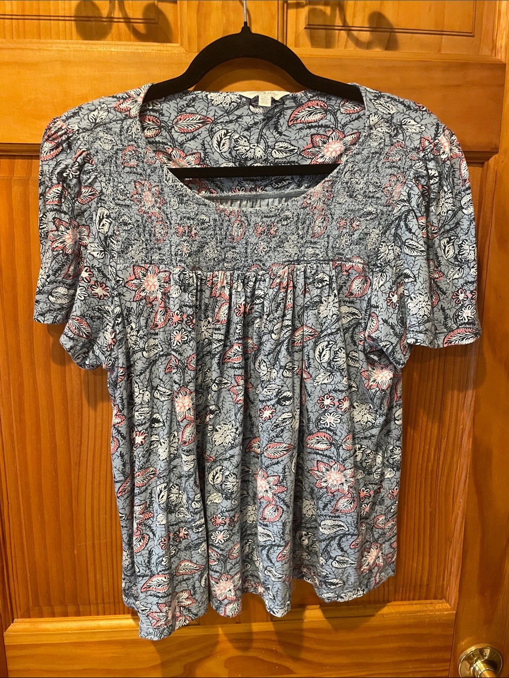 Lucky Brand Blue Floral Smocked Yoke Tunic with Pink Accents
